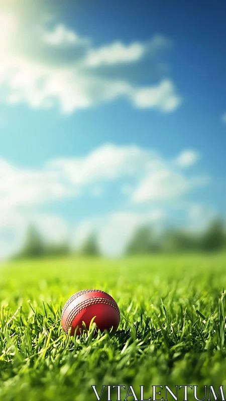 Cricket ball waits in sunlit grass beneath drifting clouds