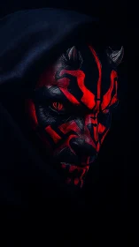 Horned demon mask emerges from shadows in eerie red light.