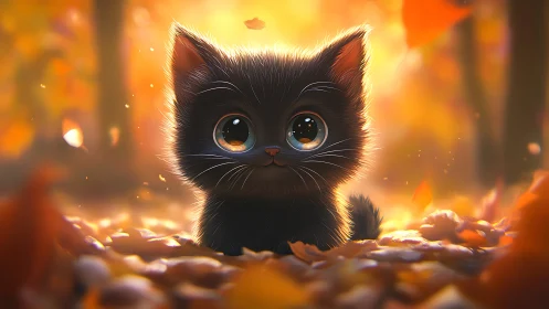 Black Cat with Luminous Eyes in Autumnal Glow