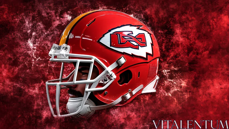 Red football helmet closeup on textured red background.