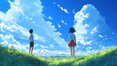 Two students on grassy hill under expansive summer sky.