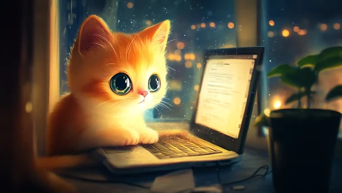Adorable Orange Kitten Working Late at Night.