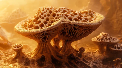 Honeycomb mesa shrooms glowing in molten amber dusk.