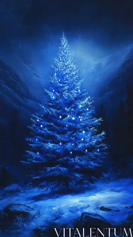 Enchanted blue Christmas tree glows softly in a snowy forest