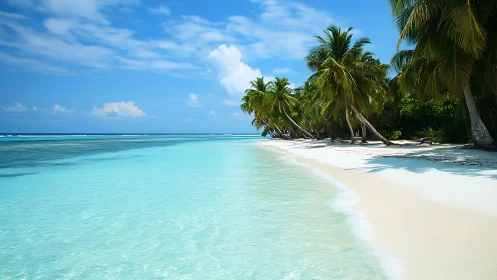 Tropical beach shoreline with palm vegetation and shallow water