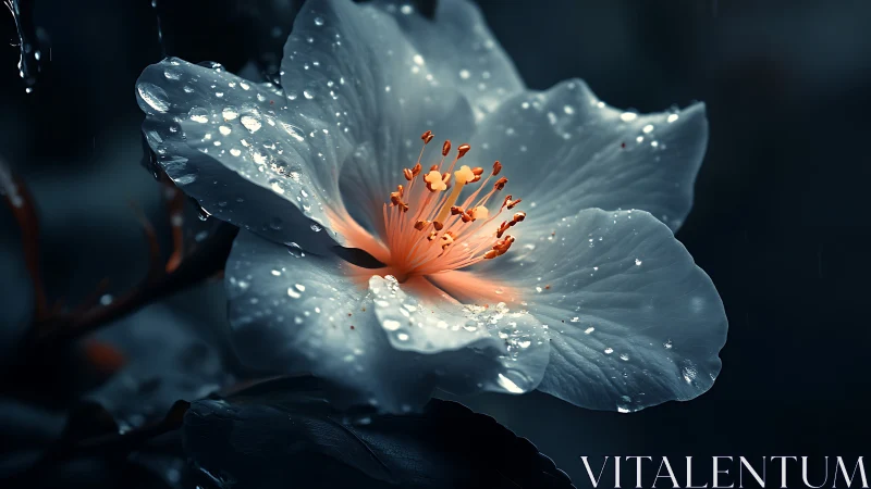 White Flower with Orange Stamens Covered in Morning Dew Droplets