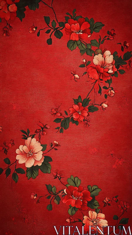 Red Floral Fabric Pattern with Blooming Branches.