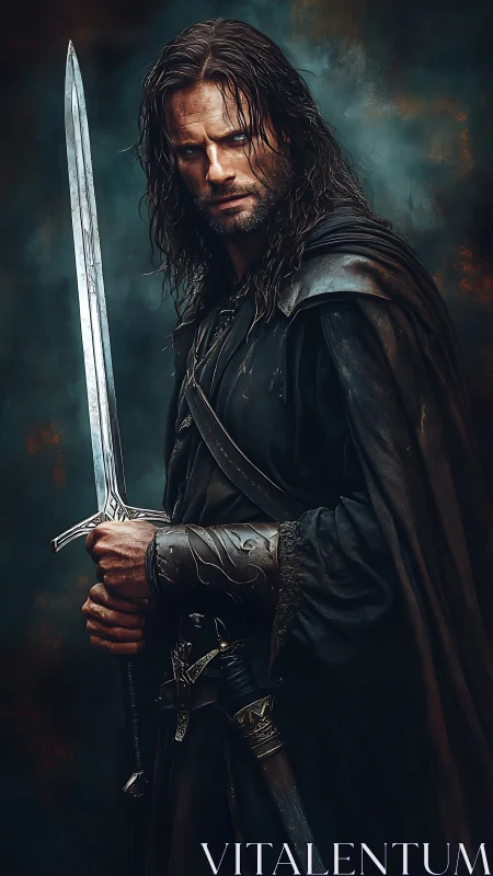 Digital painting portrait of brooding medieval swordsman hero.