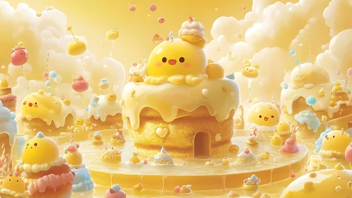 Candy Land Castle: Whimsical Chick Kingdom in Golden Clouds