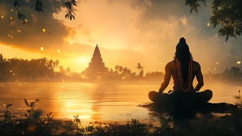 Meditating ascetic overlooks golden river and distant temple.