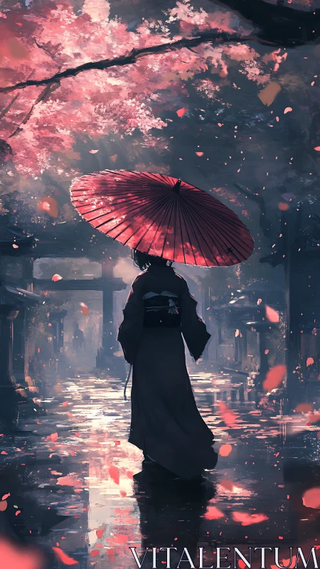 Kimono figure under red wagasa amid luminous sakura rain