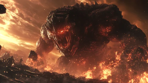 Colossal lava titan emerges over burning volcanic wasteland