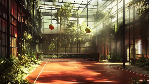 Indoor Tennis Court. Glass Greenhouse Architecture.
