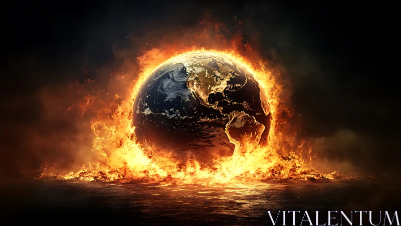 Earth engulfed in flames and fire against dark space