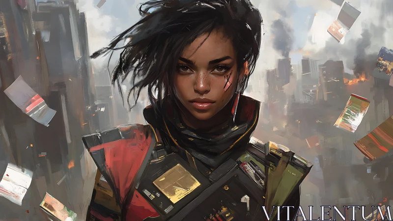 Storm-eyed courier strides through a burning data skyline