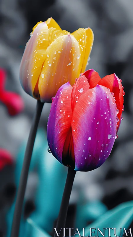 Gradient Tulips with Dew Drops. Nature's Color Spectrum.