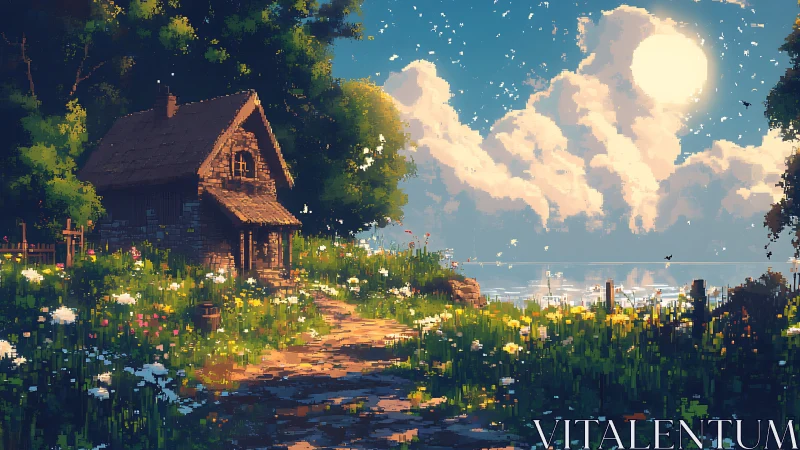 Pixel cottage under bright sky beside wildflower coast.