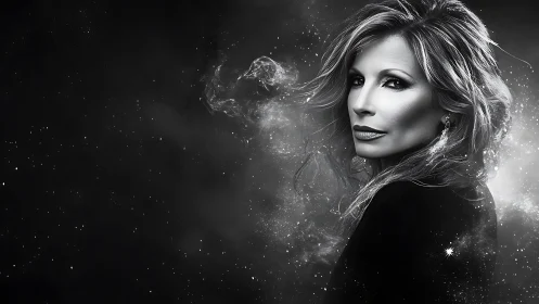 Starlit woman emerging from cosmic silver dust dreams.