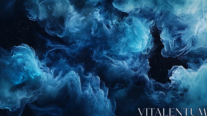 Nebular blue clouds swirl through deep cosmic negative space.