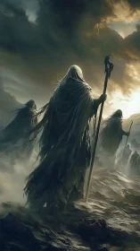 Hooded wraiths advance through a stormlit desolate abyss