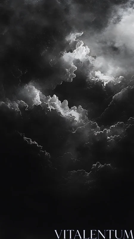 Monochrome cumulus cloud formations occupy a vertical frame