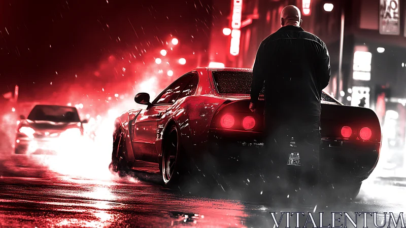 Bald man stands beside sports car on wet neon city street