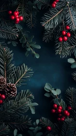 Evergreen branches frame deep teal backdrop with berries.