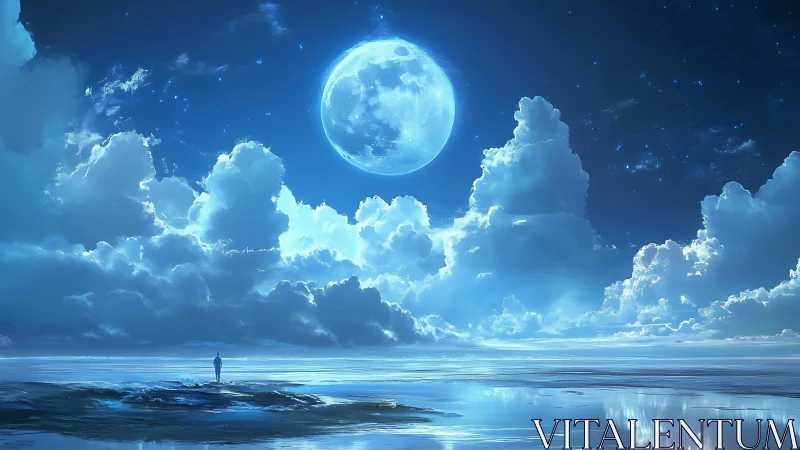 Solitary figure watches luminous full moon above ocean