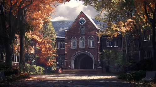 Autumn-lit brick college hall with arched entryway at dusk.