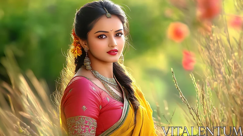 Elegant woman in traditional Indian attire in sunlit meadow portrait.
