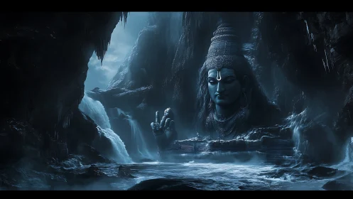 Monolithic Shiva statue dominates mist-laden cavern cascade environment