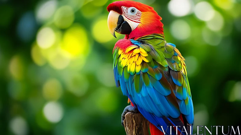 Vibrant Scarlet Macaw on Branch in Sunlit Nature, Realistic Photo.