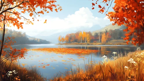 Autumn lake landscape glows with vivid orange foliage