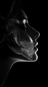 Ethereal female profile emerges from darkness and smoke