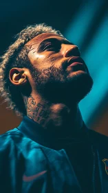 Low-angle portrait uses rim lighting and shallow depth of field