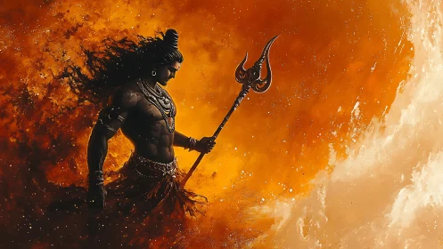 Divine warrior with trident amid swirling orange cosmic nebula