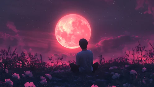 Silhouette watching a glowing pink moon over floral field.