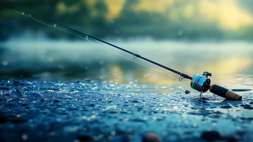 Fishing rod rests on wet river stones at calm blue sunrise