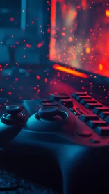 Cozy gaming controller glowing in neon red and blue light.
