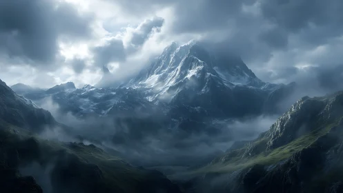 Storm-lit alpine peak rises above mist-filled valley.