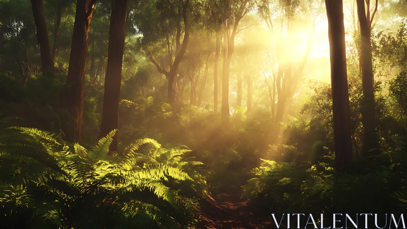 Sunlit forest path with tall trees and golden hour light