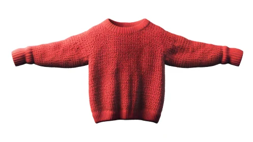 Cozy red knit sweater with thick texture, isolated on white background.