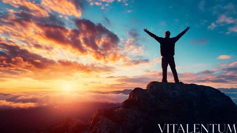 Silhouette claims mountain summit under blazing sunrise sky.