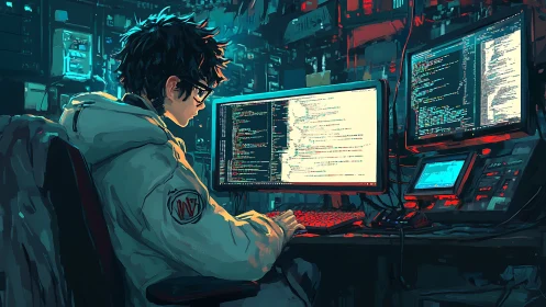 Midnight coder bends neon light into cascading algorithms.