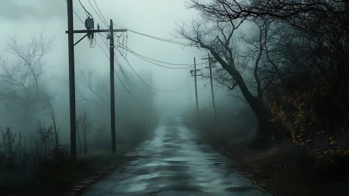 Fog-drowned rural road stalked by crooked winter trees.