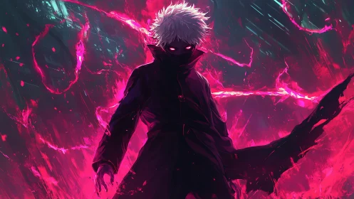 White-haired antihero commands neon pink infernal energy.