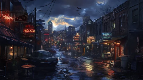 Rain-soaked neon alleyway with moody twilight skyline view.