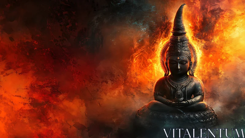 Bronze meditative deity amid infernal plasma vortex field.