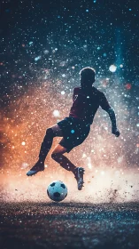 Soccer player leaps through glowing rain on night field.