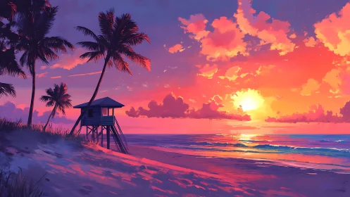 Radiant sunset over tropical lifeguard hut and shoreline.